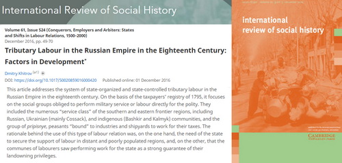 Статья Д.А.Хитрова "Тributary Labour in the Russian Empire in the Eighteenth Century: Factors in Development" Статья Д.А.Хитрова "Тributary Labour in the Russian Empire in the Eighteenth Century: Factors in Development"