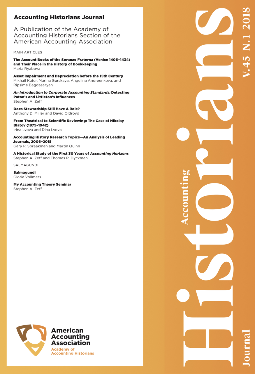 Ryabova M. The Account Books of the Soranzo Fraterna (Venice 1406–1434) and Their Place in the History of Bookkeeping // Accounting historians journal. - June 2018 - Vol. 45, No. 1. - P. 1-27.